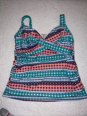 LANDS END Geo Stripe Mix V-Neck Wrap Tankini Top Womens 10 Petite